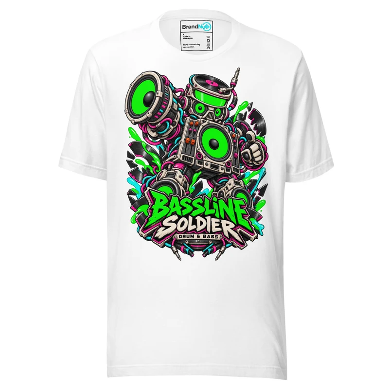 Bassline Soldier Drum and Bass T Shirt DnB Warning Graphic Green Screen