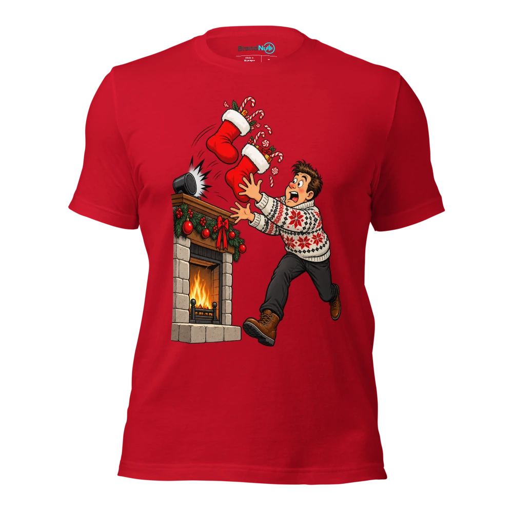 THE STOCKINGS ARE VIBRATING OFF THE MANTELPIECE T Shirt Red Front