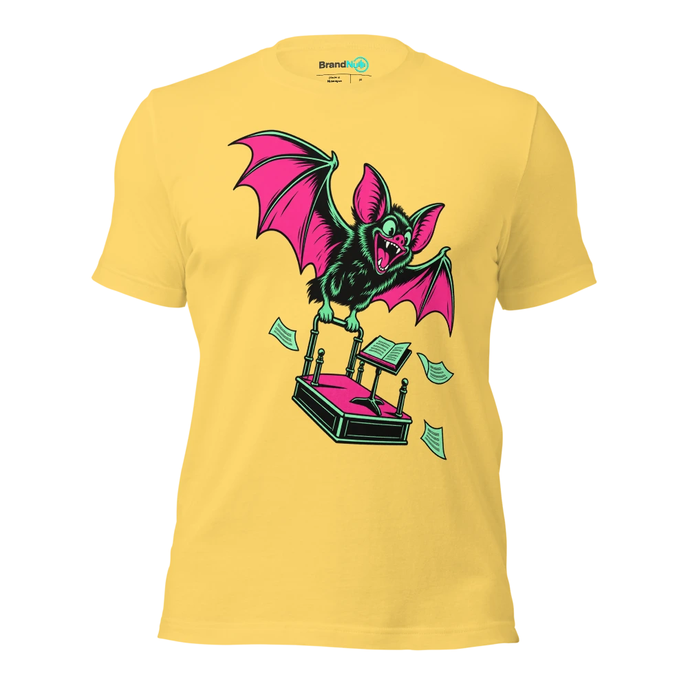 Bat carrying a miniature conductor podium by its handle T Shirt Yellow Front