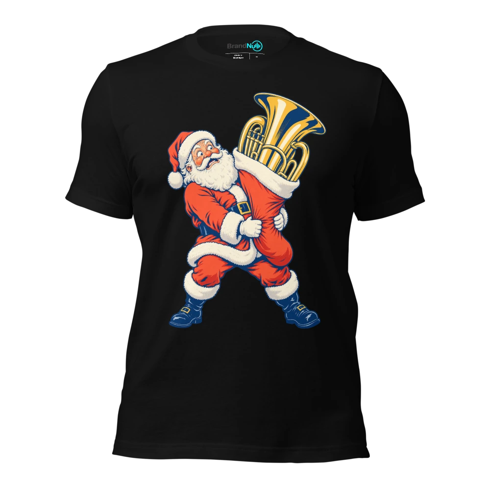 Santa carrying a euphonium in a stocking too small for it T-SHIRT