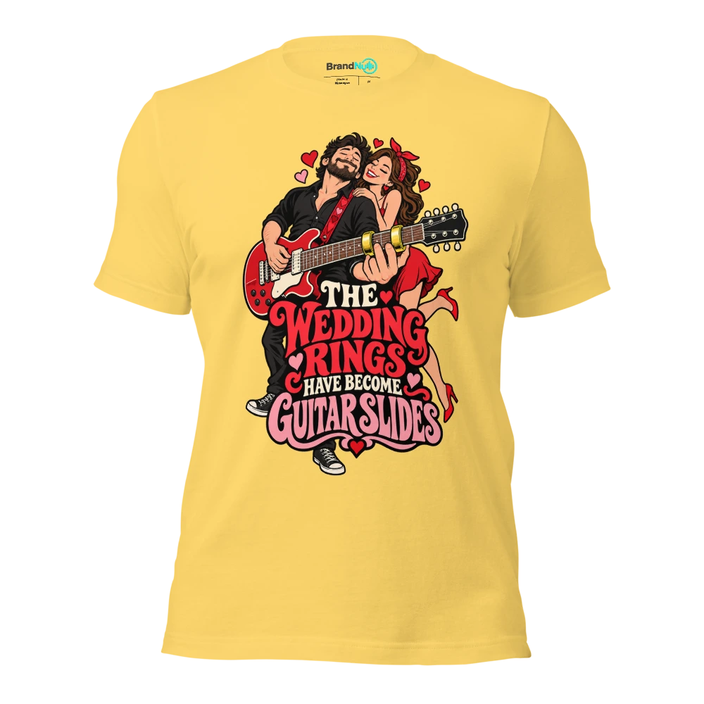 THE WEDDING RINGS HAVE BECOME GUITAR SLIDES T Shirt Yellow Front