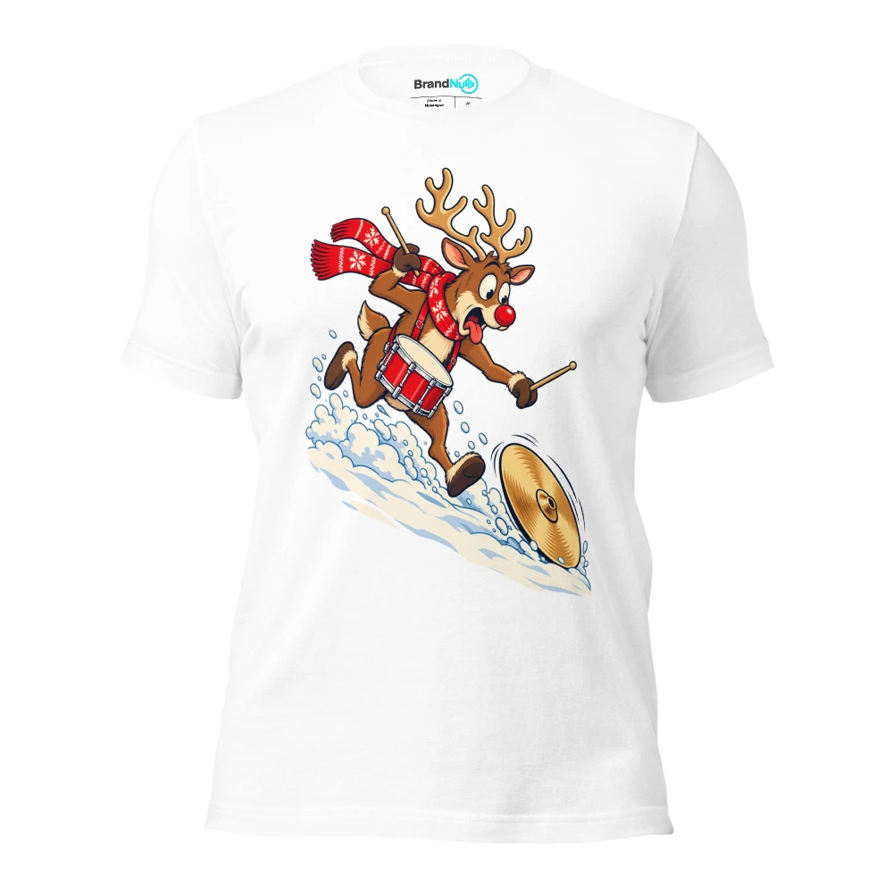Reindeer drummer chasing a cymbal down a snowy hill T Shirt White Front