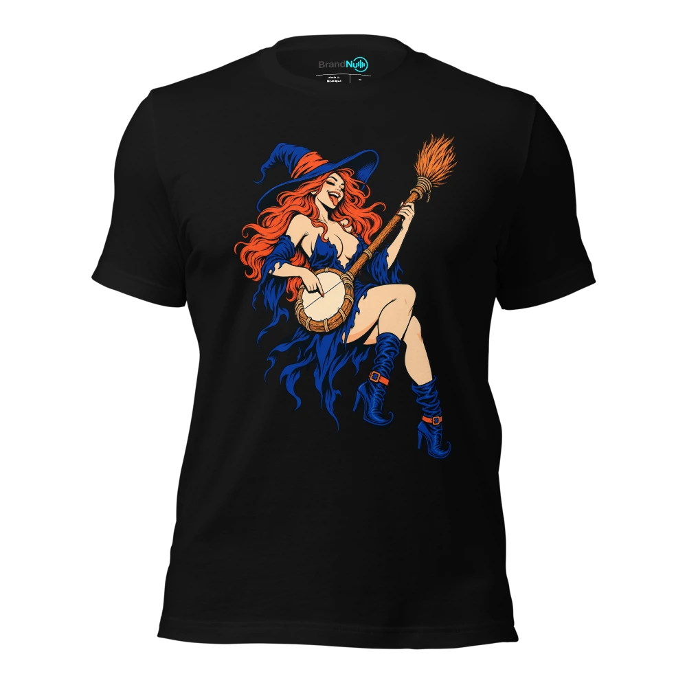Witch plucking a single string on a broom shaped banjo T-SHIRT