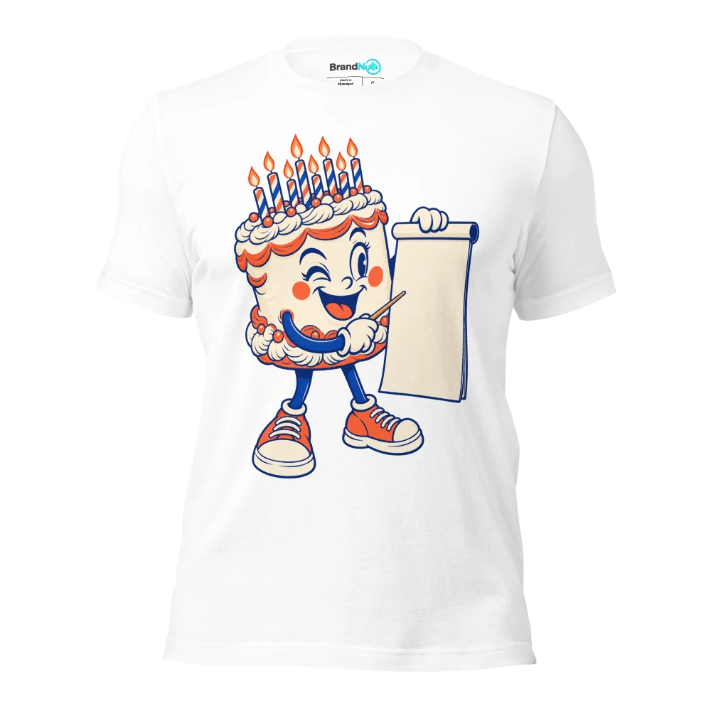 Cake mascot holding a tiny wooden baton and a blank chart T Shirt White Front
