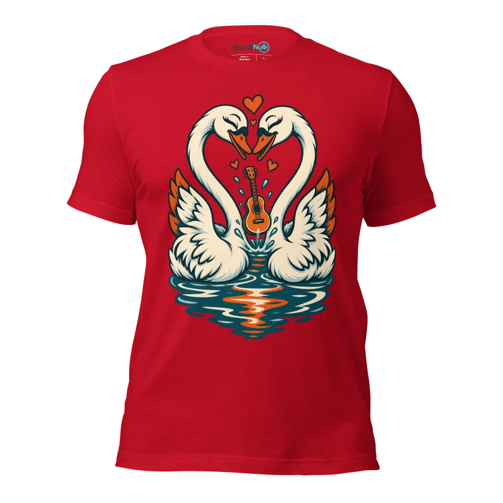 A pair of swans forming a heart around a tiny floating guitar T Shirt Red Front