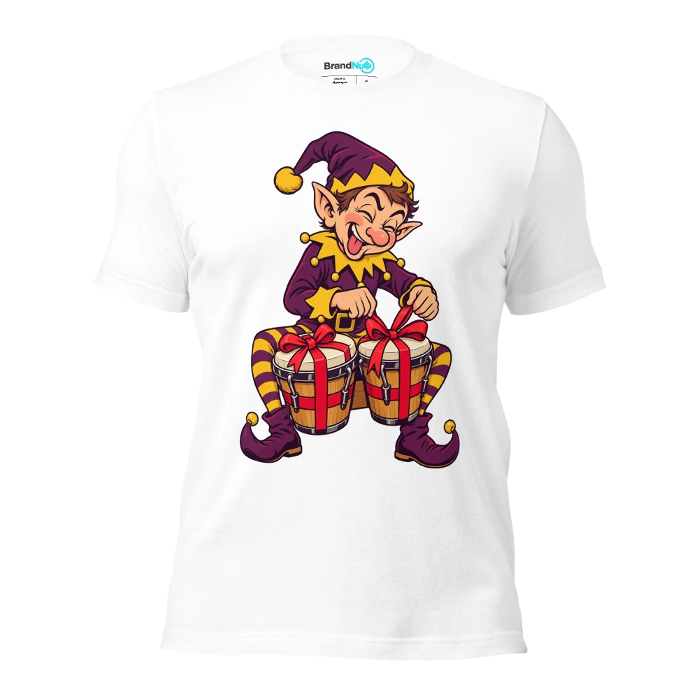Elf tying gift bows around a pair of bongos T Shirt White Front