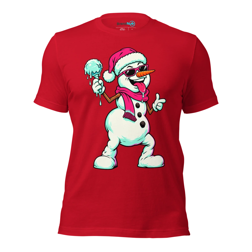 Snowman holding a single melting ice maraca T Shirt Red Front