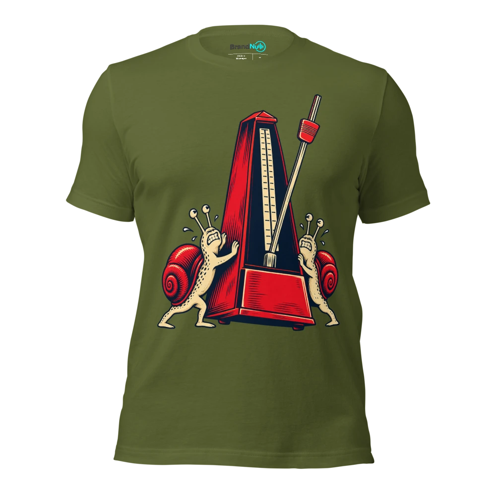 Two snails pushing one enormous metronome together T Shirt Olive Front