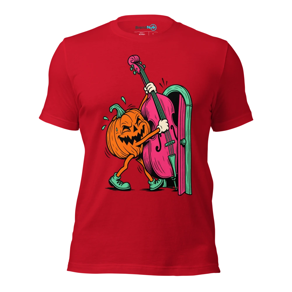 Pumpkin carrying a double bass through a tiny doorway T Shirt Red Front
