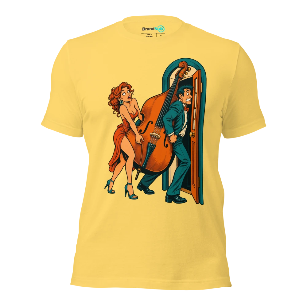 Couple trying to carry a double bass through a tiny restaurant door T Shirt Yellow Front