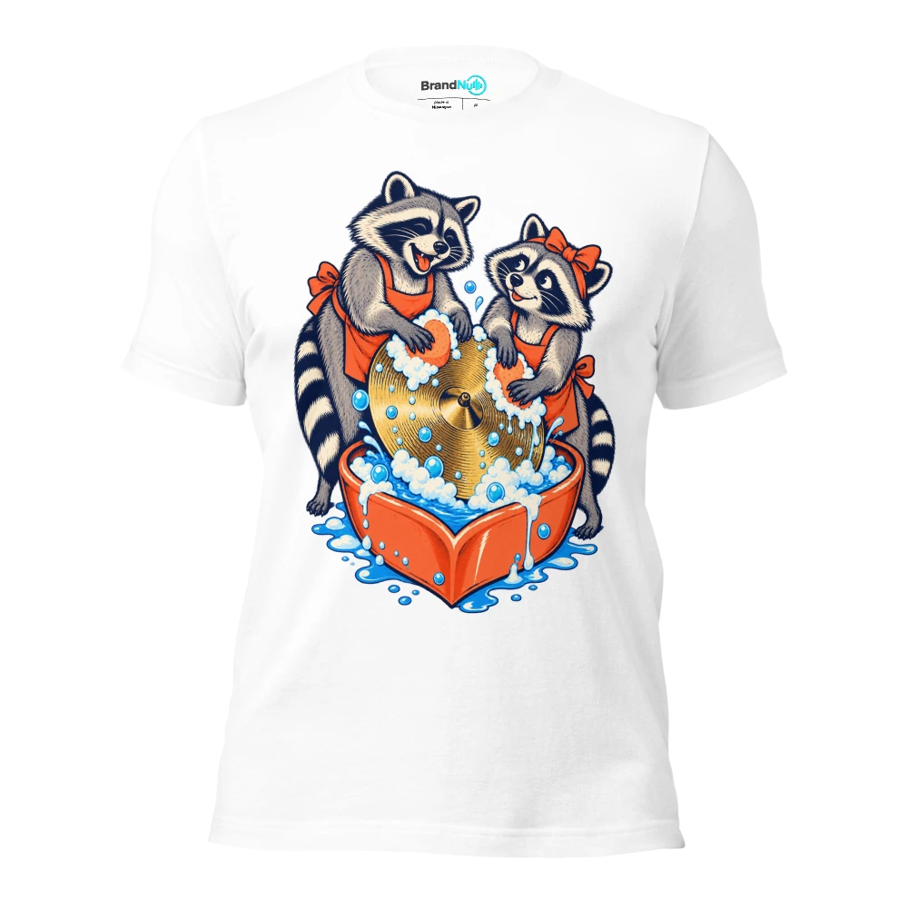 Two raccoons washing a single cymbal in a heart shaped basin T Shirt White Front