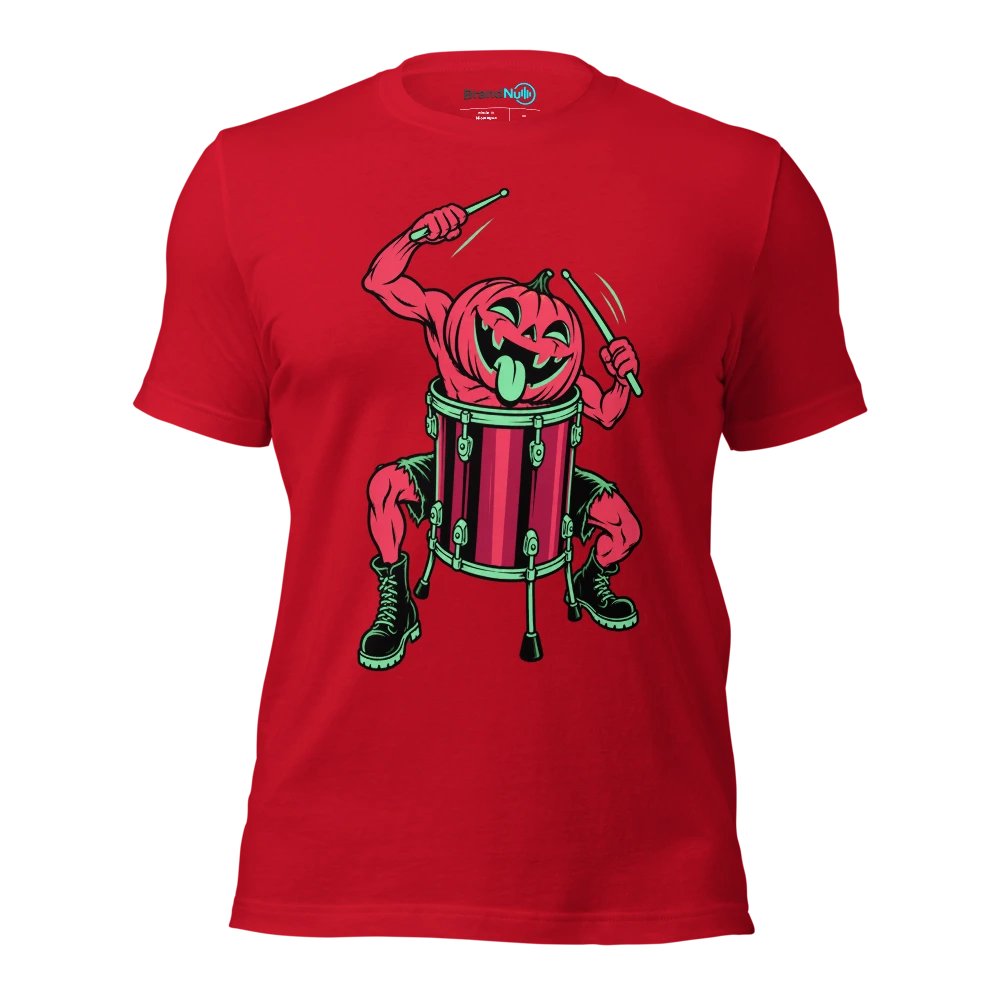A pumpkin drummer discovering its head fits perfectly in a floor tom T Shirt Red Front