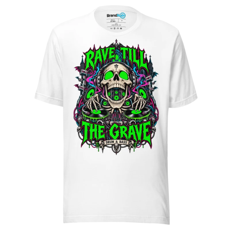Rave Till The Grave Drum and Bass T Shirt Skull Deck Green Screen Edition