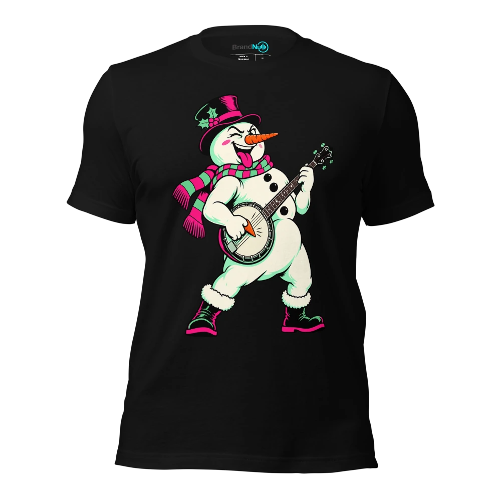Snowman plucking a banjo with a carrot shaped pick T Shirt Black Front