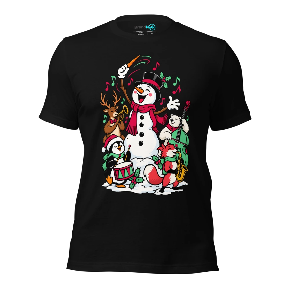 A snowman using a carrot as a conductor baton T Shirt Black Front