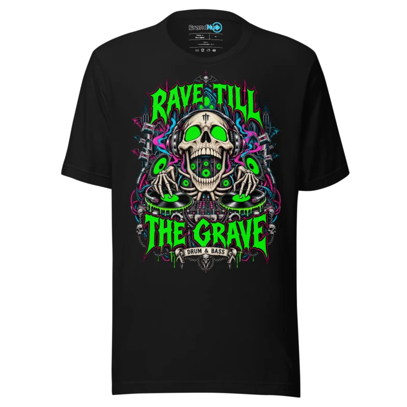 Rave Till The Grave Drum and Bass T Shirt Skull Deck Green Screen Edition - Black