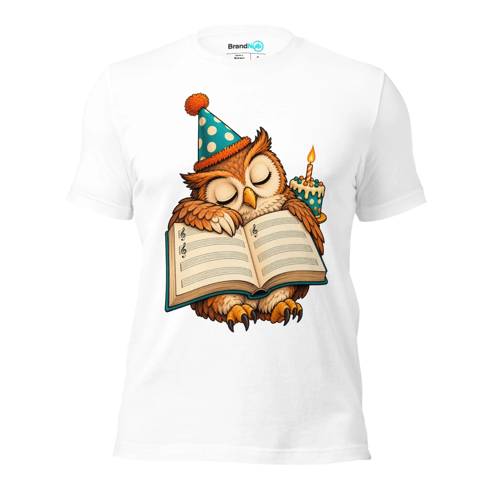 Birthday owl sleeping on an open blank music book T Shirt White Front
