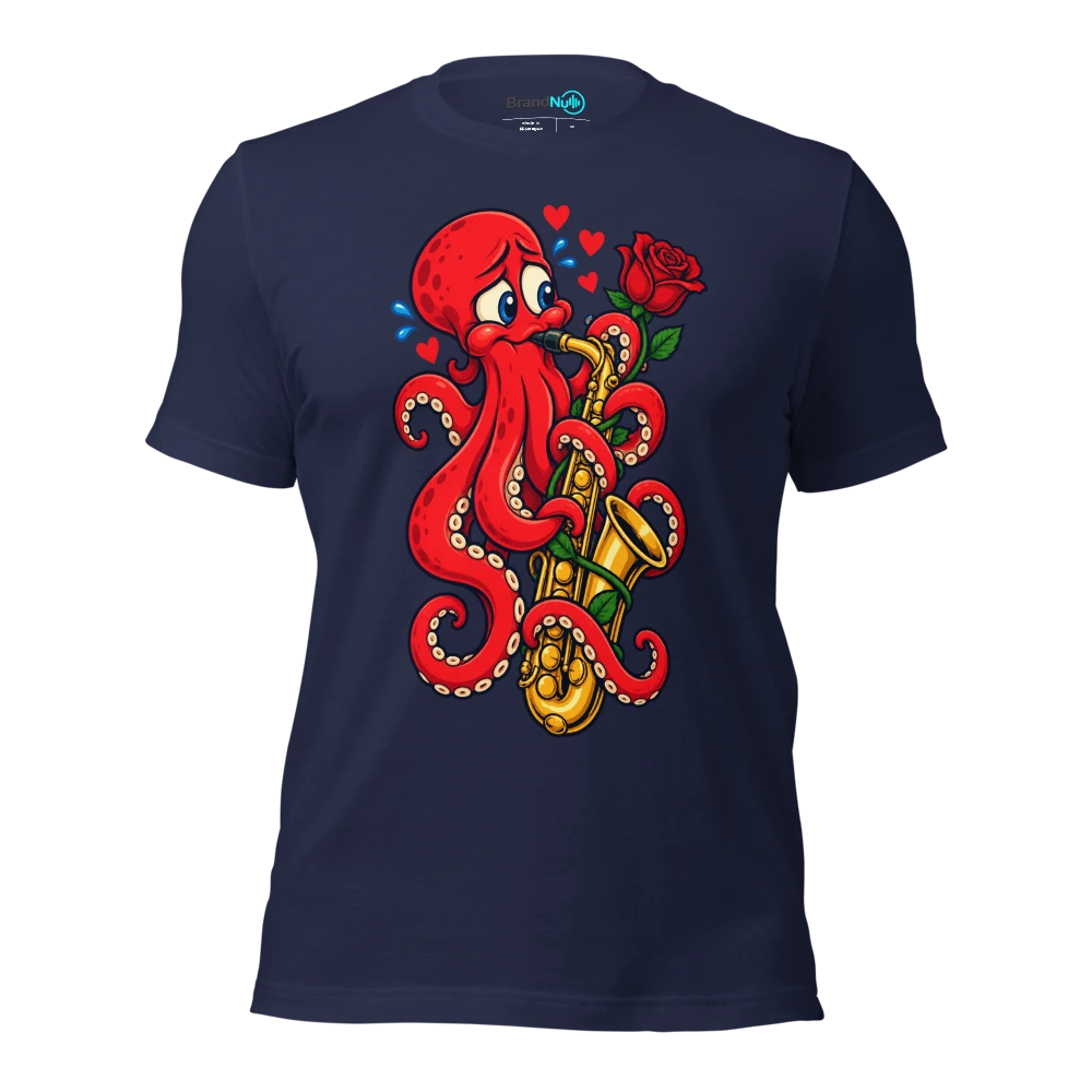 An octopus nervously wrapping a single rose around a saxophone T Shirt Navy Front