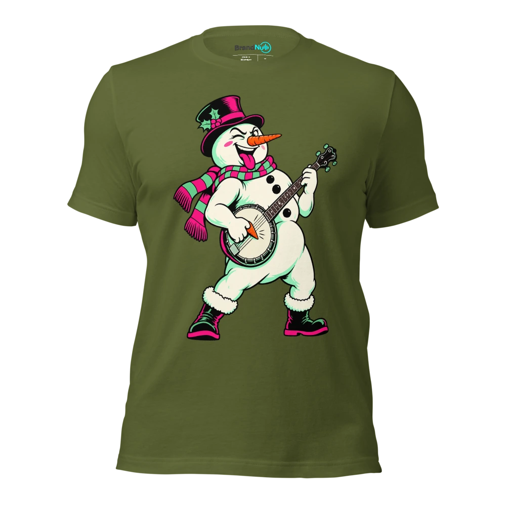 Snowman plucking a banjo with a carrot shaped pick T Shirt Olive Front