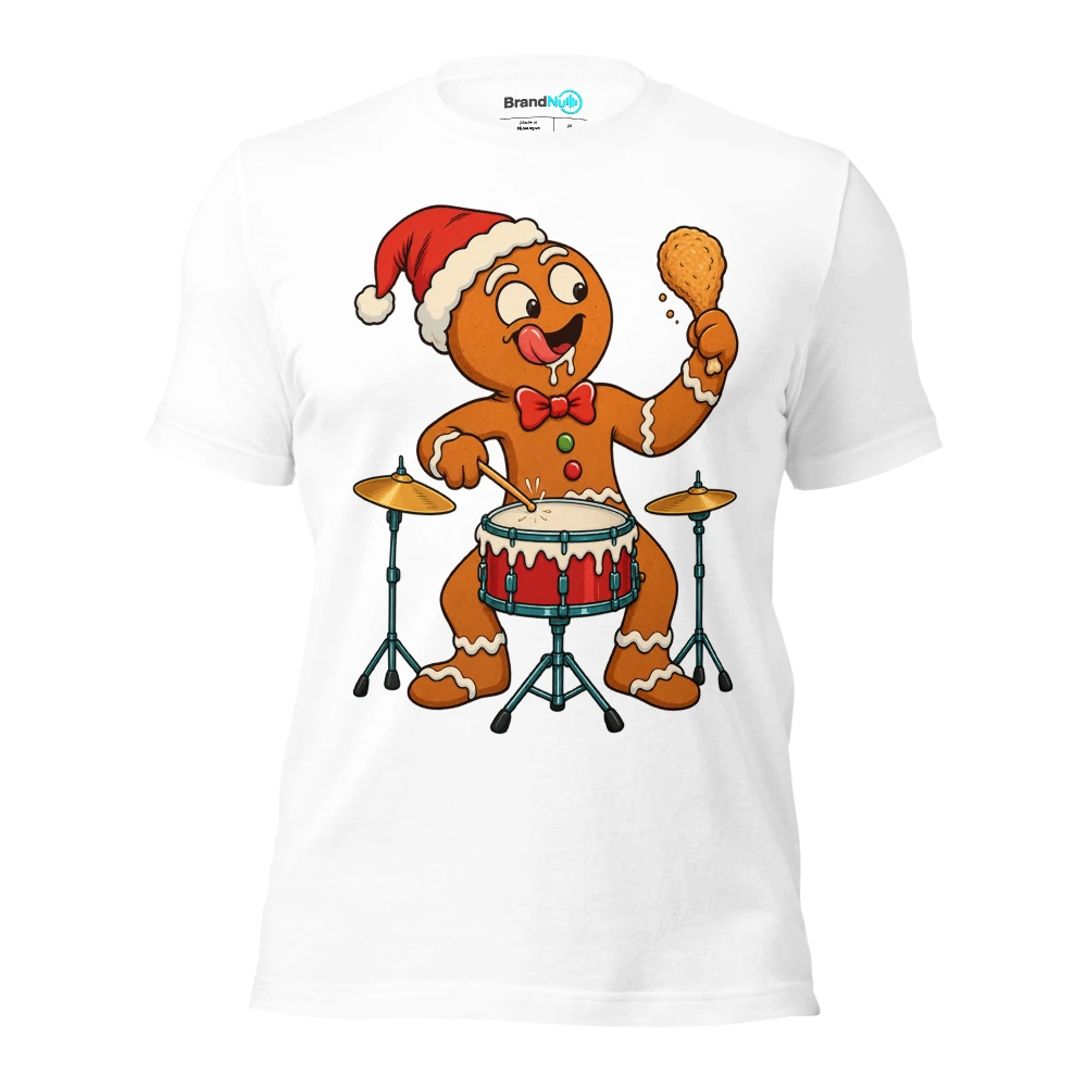 Gingerbread drummer staring at a drumstick shaped biscuit T Shirt White Front