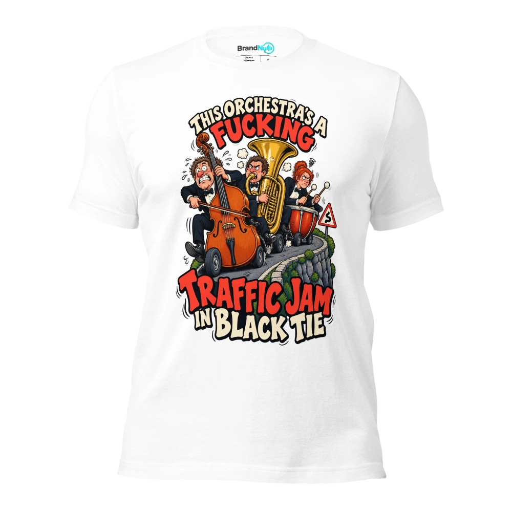 THIS ORCHESTRA'S A FUCKING TRAFFIC JAM IN BLACK TIE T Shirt White Front