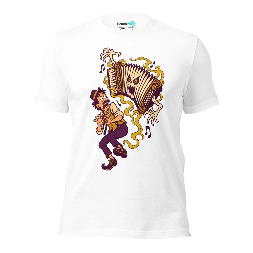 A haunted accordion expanding while its nervous owner retreats T Shirt White Front