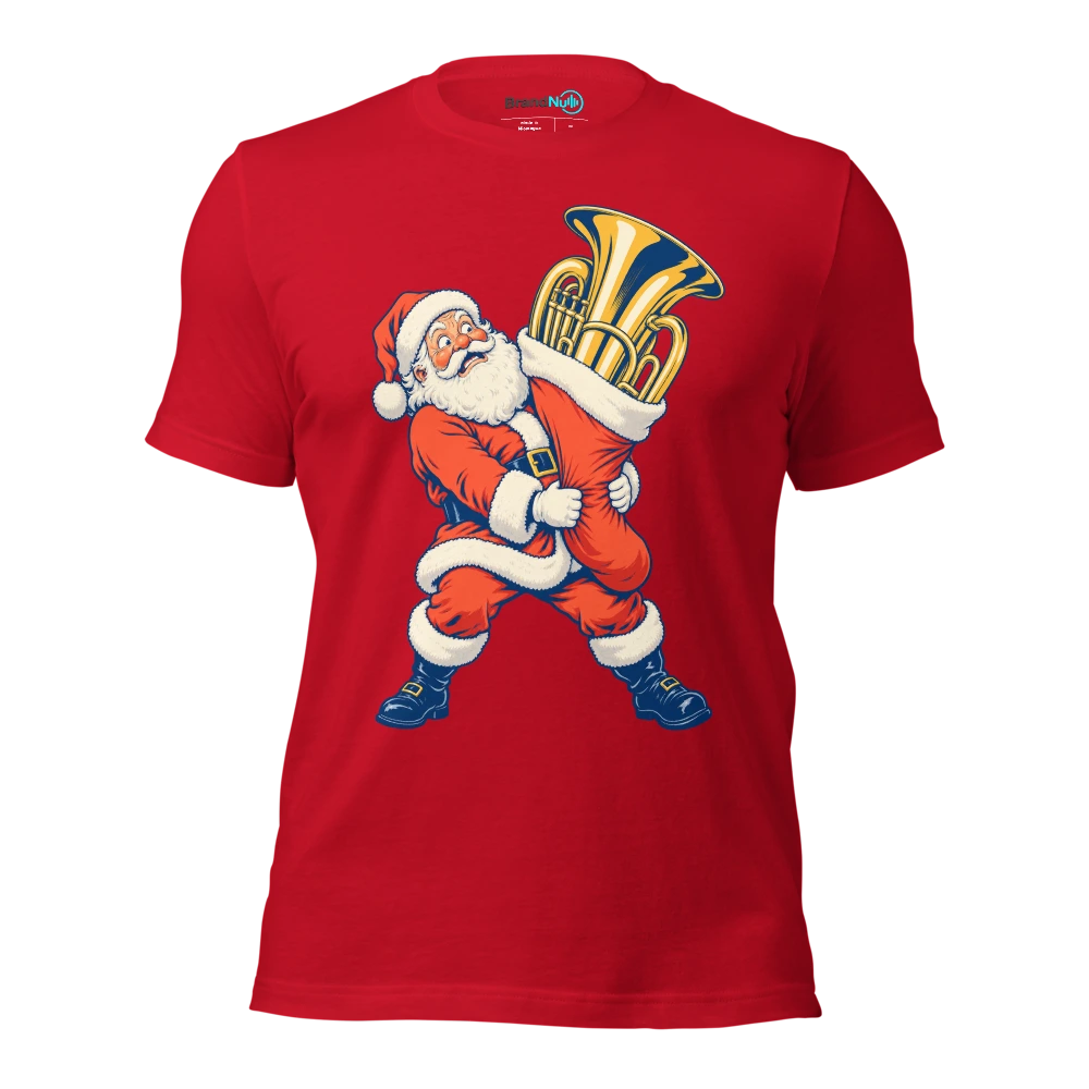 Santa carrying a euphonium in a stocking too small for it T Shirt Red Front