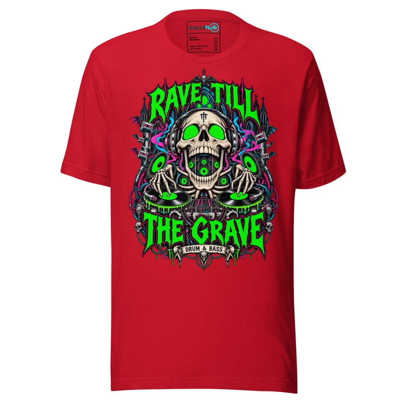 Rave Till The Grave Drum and Bass T Shirt DnB Skull Graphic Green Screen Red