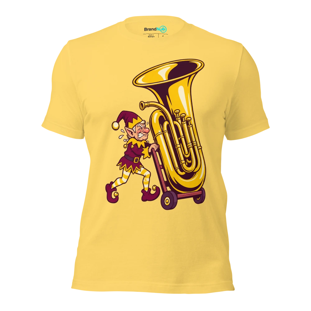 Elf pushing an enormous tuba on a toy trolley T Shirt Yellow Front