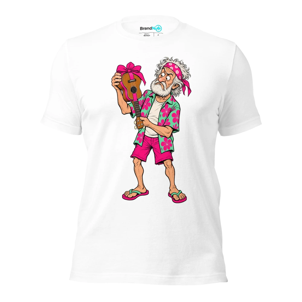 Older musician holding a wrapped ukulele upside down T Shirt White Front