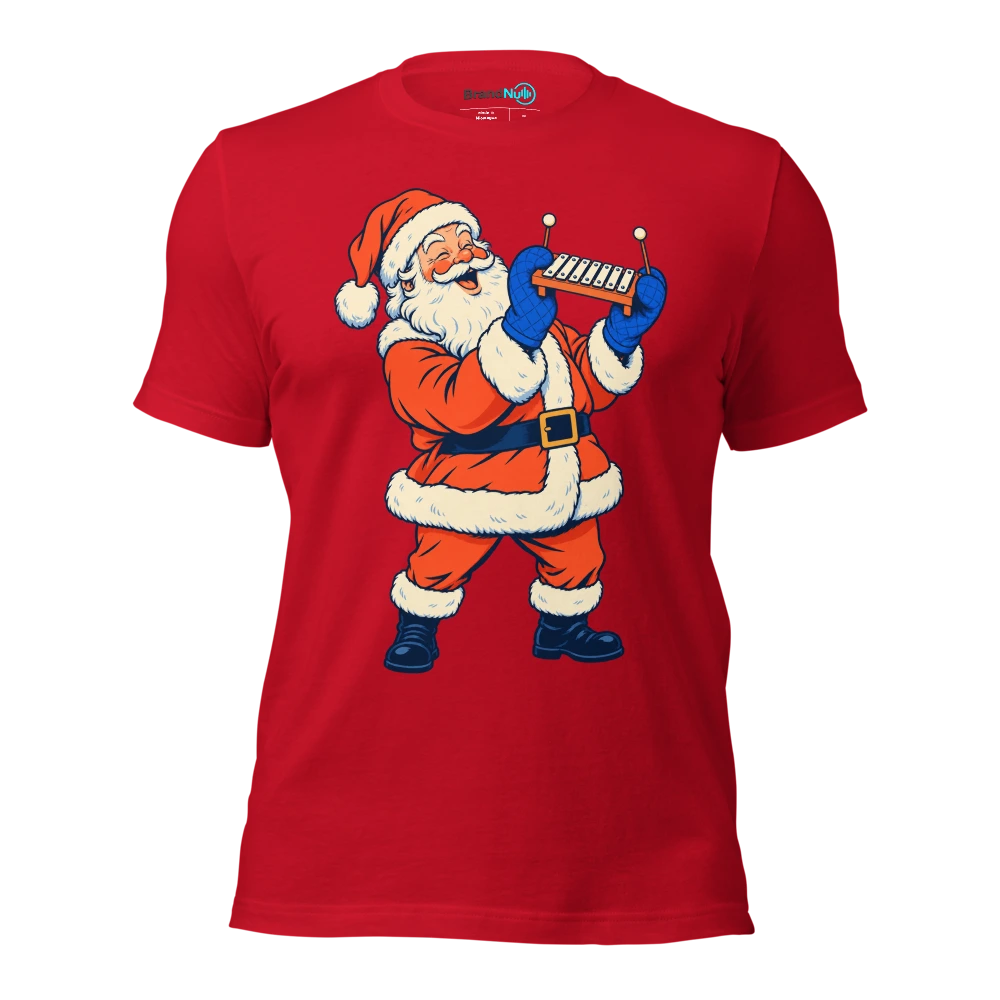 Santa lifting a tiny glockenspiel with oven gloves T Shirt Red Front