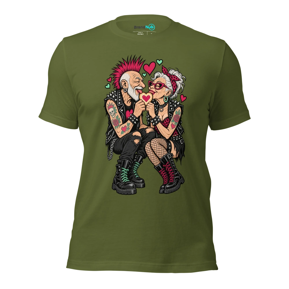 Two elderly punk musicians sharing a heart shaped biscuit T Shirt Olive Front
