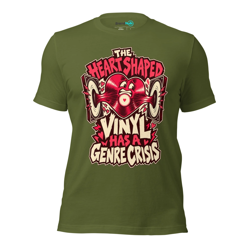 THE HEART SHAPED VINYL HAS A GENRE CRISIS T Shirt Olive Front