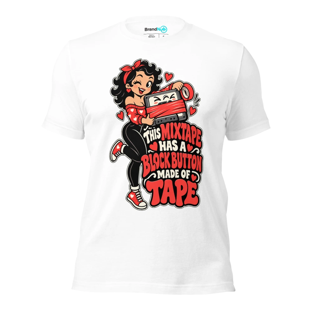 THIS MIXTAPE HAS A BLOCK BUTTON MADE OF TAPE T Shirt White Front