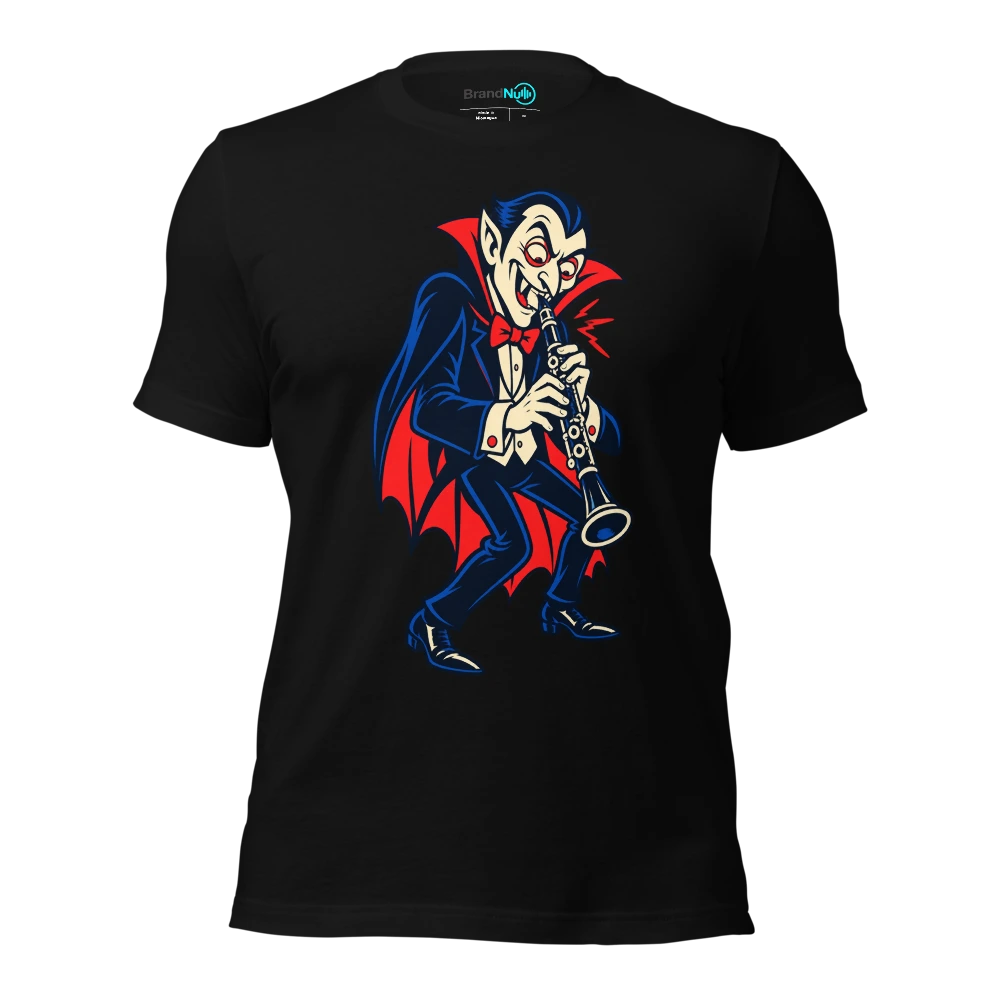 A vampire politely biting a squeaky clarinet reed T Shirt Black Front