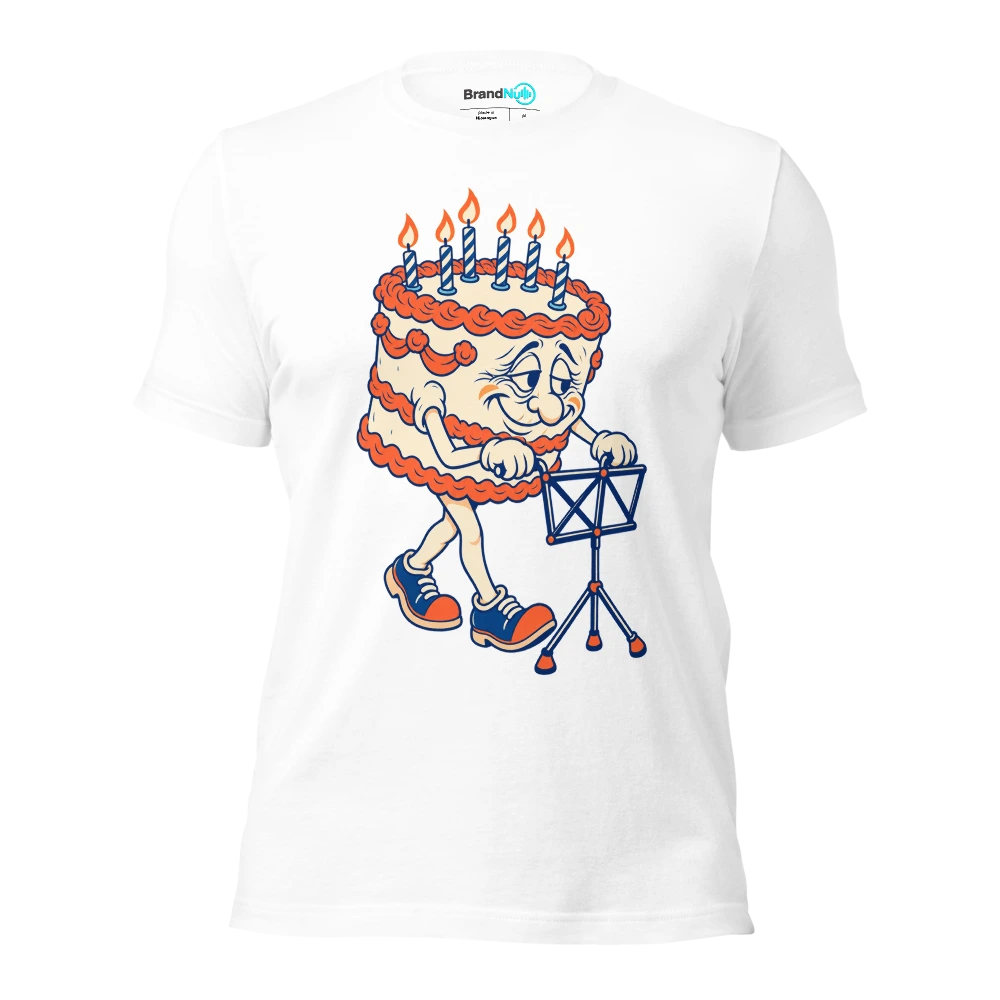 Cake mascot pushing a folded music stand like a walking frame T Shirt White Front