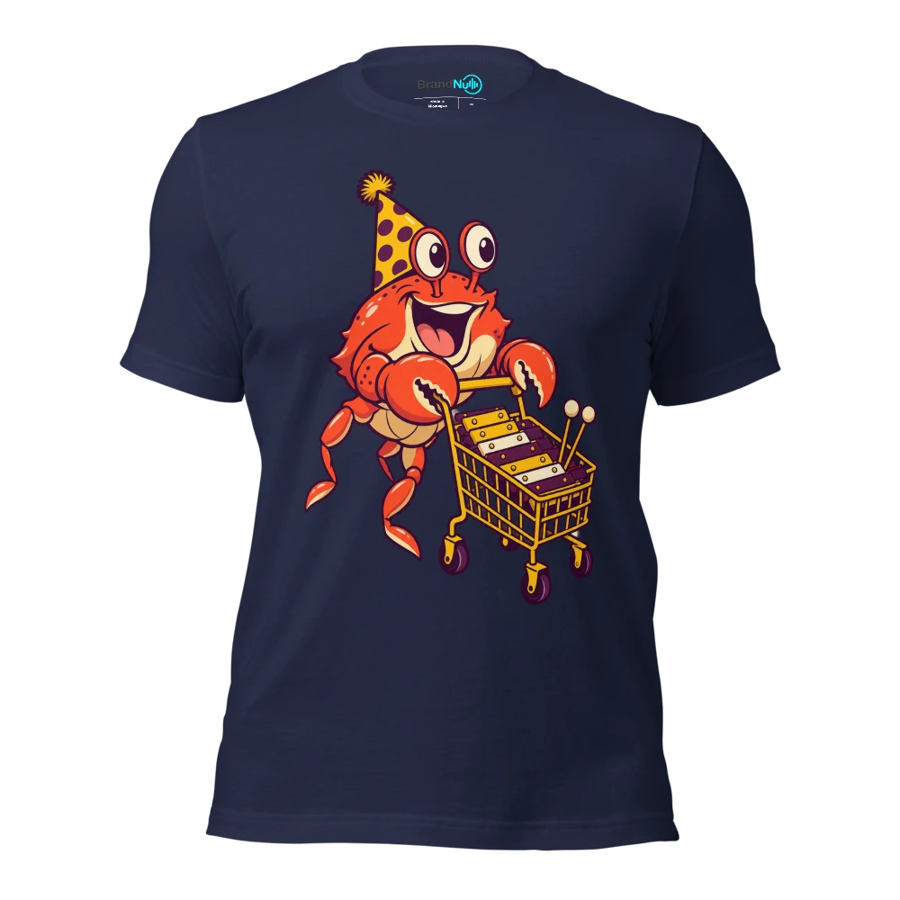 Birthday crab carrying a glockenspiel on a tiny shopping trolley T Shirt Navy Front