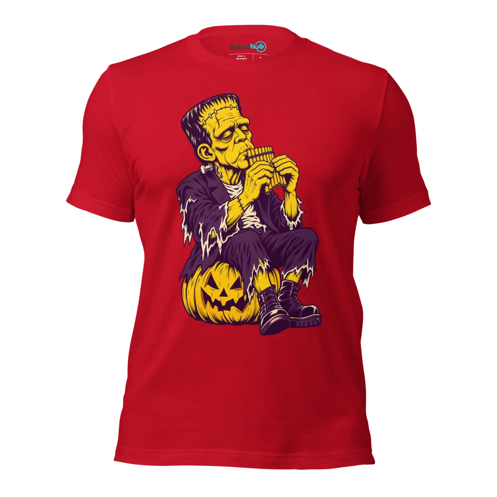 Monster carefully blowing across a tiny panpipe T Shirt Red Front