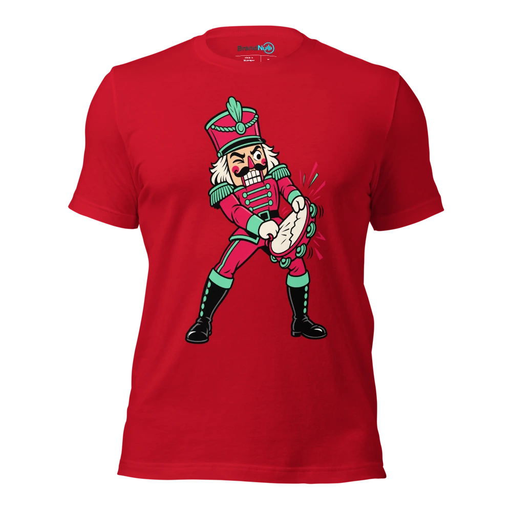 A nutcracker soldier attempting to crack a tambourine T Shirt Red Front