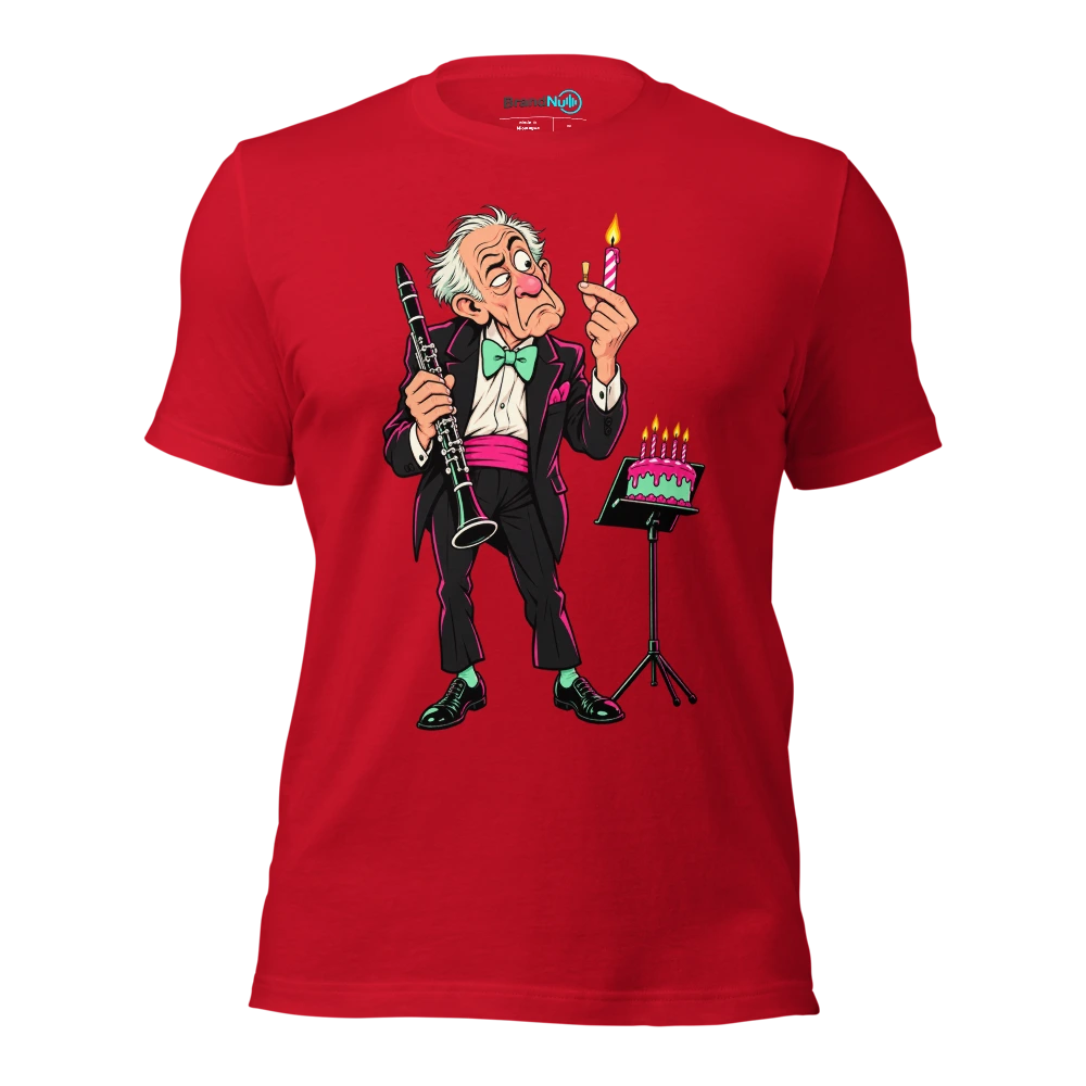 Older clarinetist comparing a candle to a tiny reed T Shirt Red Front