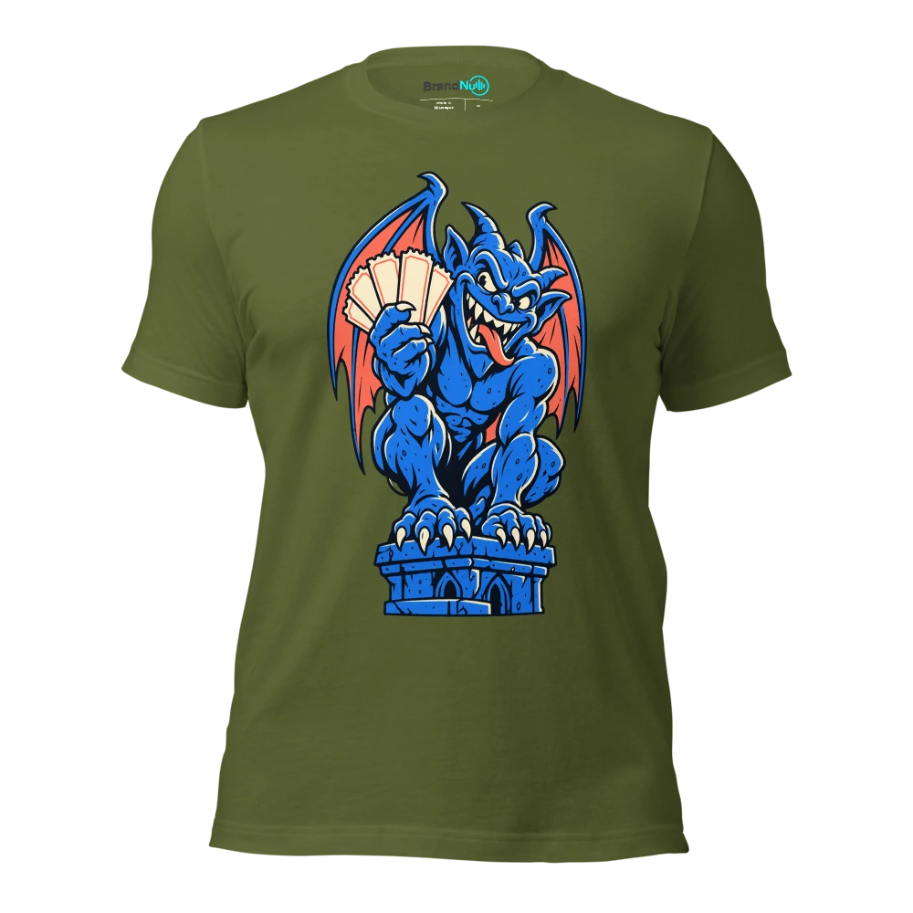 A grinning gargoyle clutching a stack of blank concert tickets T Shirt Olive Front