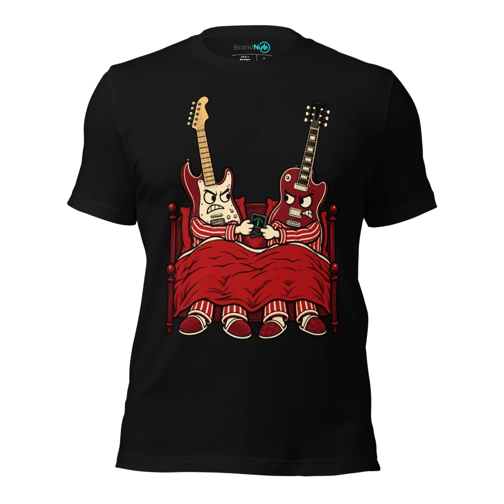 WE SHARE A BED NOT A GUITAR TUNER T Shirt Black Front