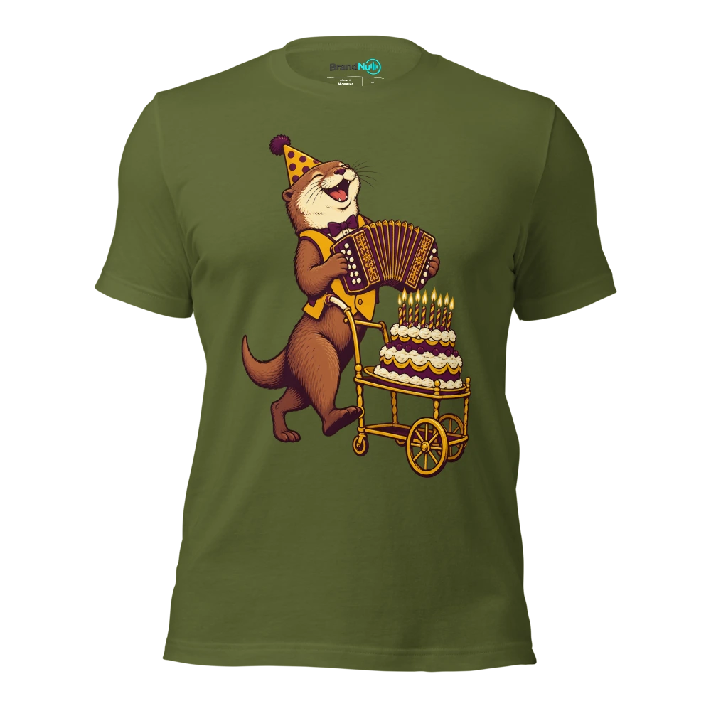 Birthday otter carrying a concertina on a cake trolley T Shirt Olive Front