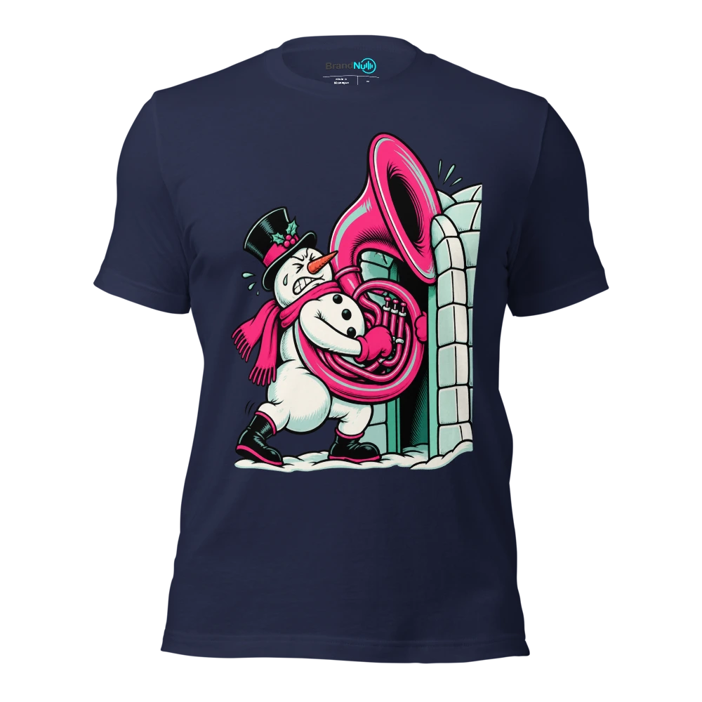 Snowman trying to carry a sousaphone through an igloo door T Shirt Navy Front