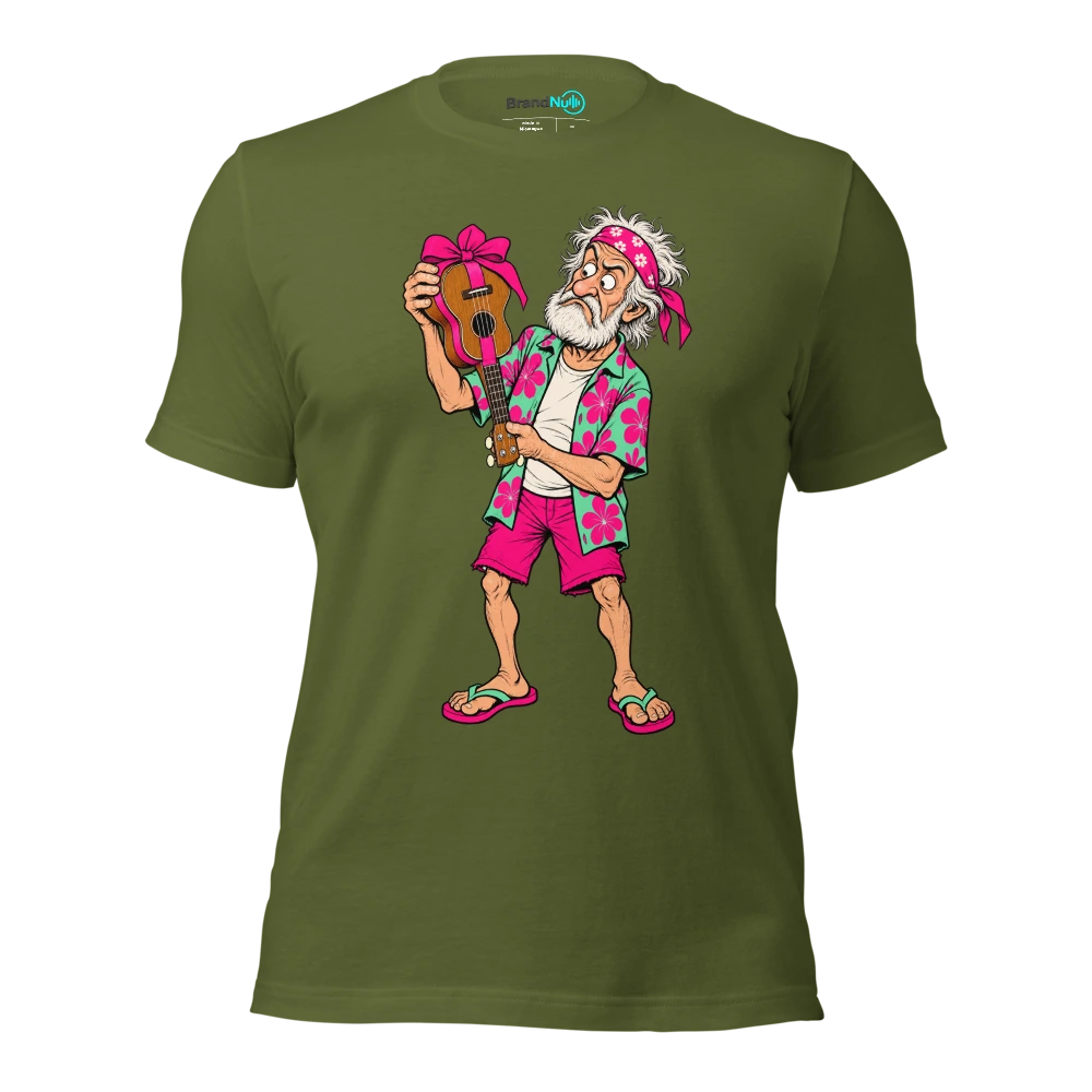 Older musician holding a wrapped ukulele upside down T Shirt Olive Front