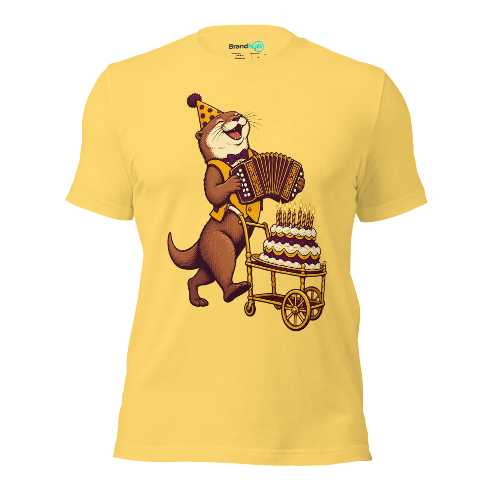 Birthday otter carrying a concertina on a cake trolley T Shirt Yellow Front