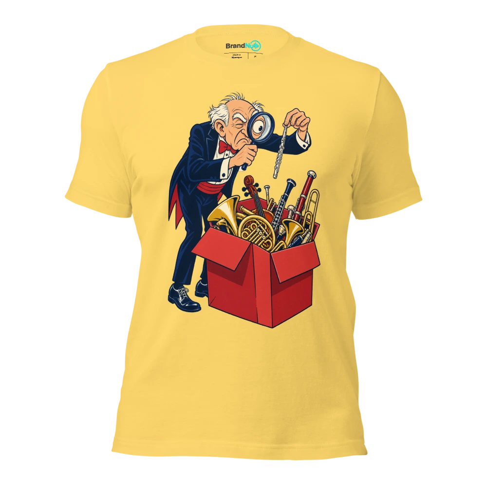 Older musician using a magnifier to find a piccolo in a large box T Shirt Yellow Front