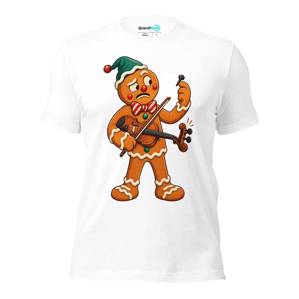 Gingerbread violinist inspecting one missing candy peg T Shirt White Front