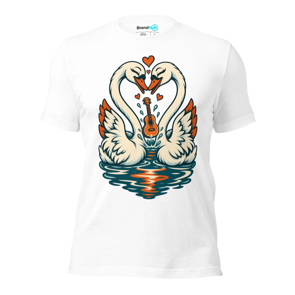 A pair of swans forming a heart around a tiny floating guitar T Shirt White Front