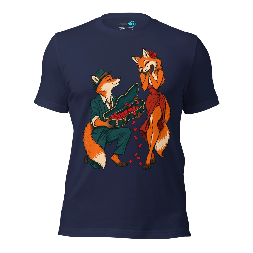 Fox offering an empty instrument case full of rose petals T Shirt Navy Front